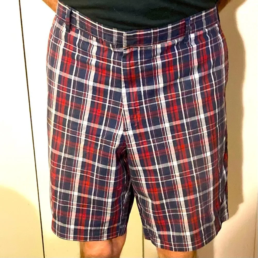 DOCKERS Golf Checkered Plaid Flat Front Shorts Red White Blue Casual Mens 40